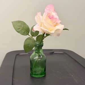 Green Glass Vase with Pink and White Roses